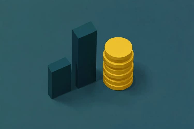 Gráfico de barras subindo com moedas de ouro empilhadas ao lado.