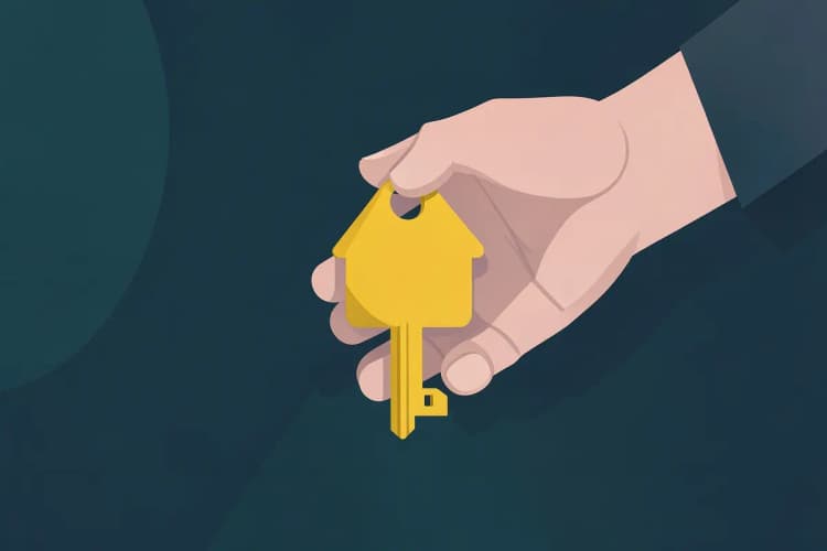 Chave dourada com um chaveiro em forma de casa sendo entregue.