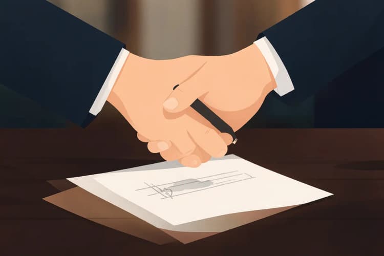 Um corretor de imóveis assinando um documento com um aperto de mão firme sobre uma mesa de escritório.