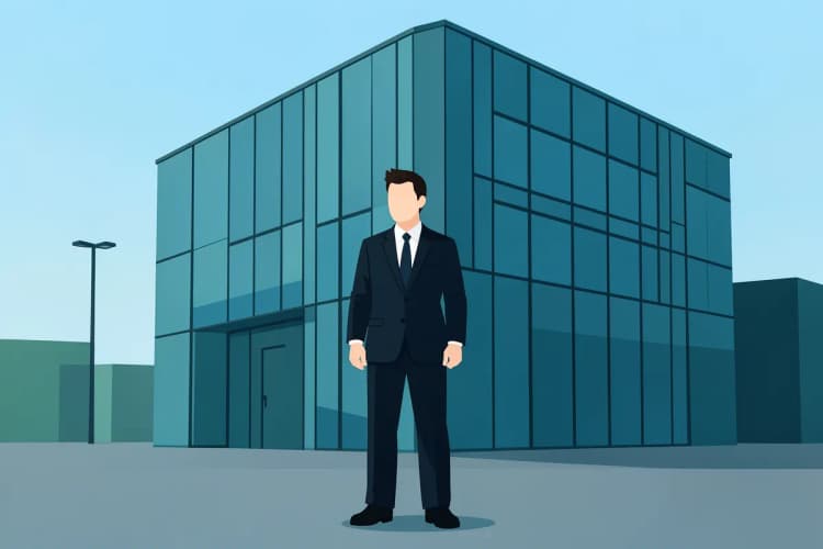 Um corretor de imóveis em frente a um prédio de escritórios moderno e imponente.
