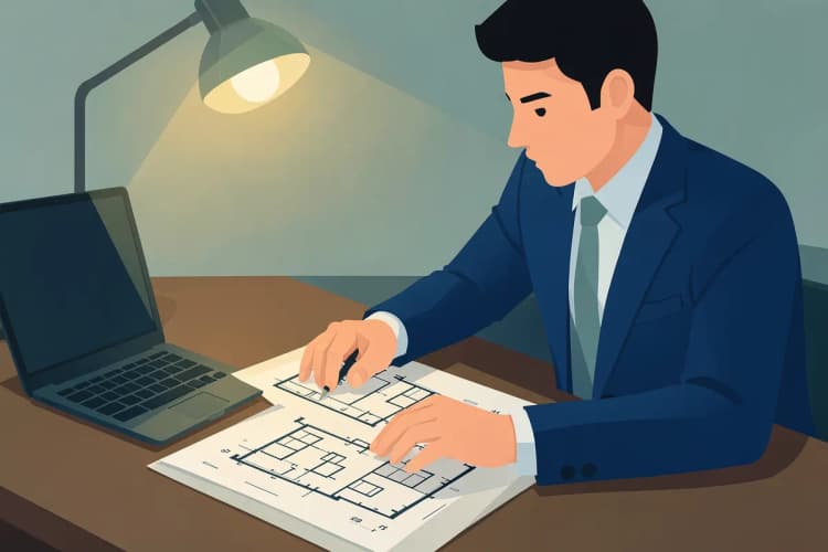 Um consultor imobiliário analisando plantas e documentos em uma mesa de escritório com um laptop aberto e uma caneta.