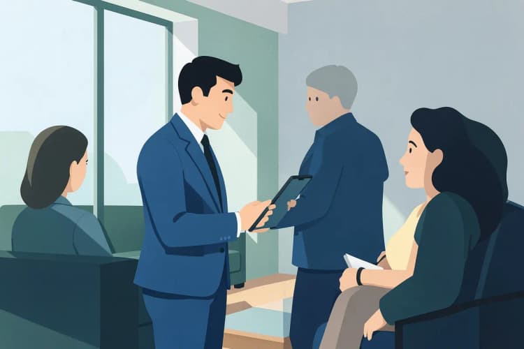 Um consultor imobiliário conversando com um casal de clientes em uma sala de estar moderna, mostrando algo em um tablet.