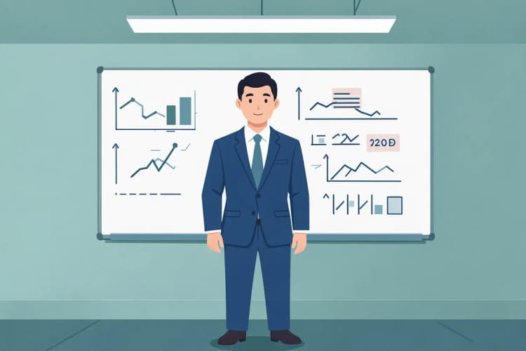 Um consultor imobiliário em frente a um quadro branco com anotações e gráficos sobre o mercado imobiliário.
