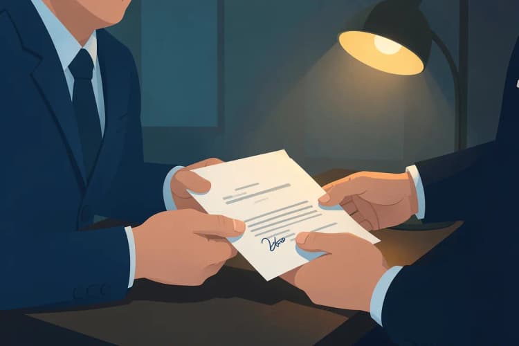 Um consultor imobiliário apresentando um contrato para assinatura a um cliente em uma mesa de escritório.