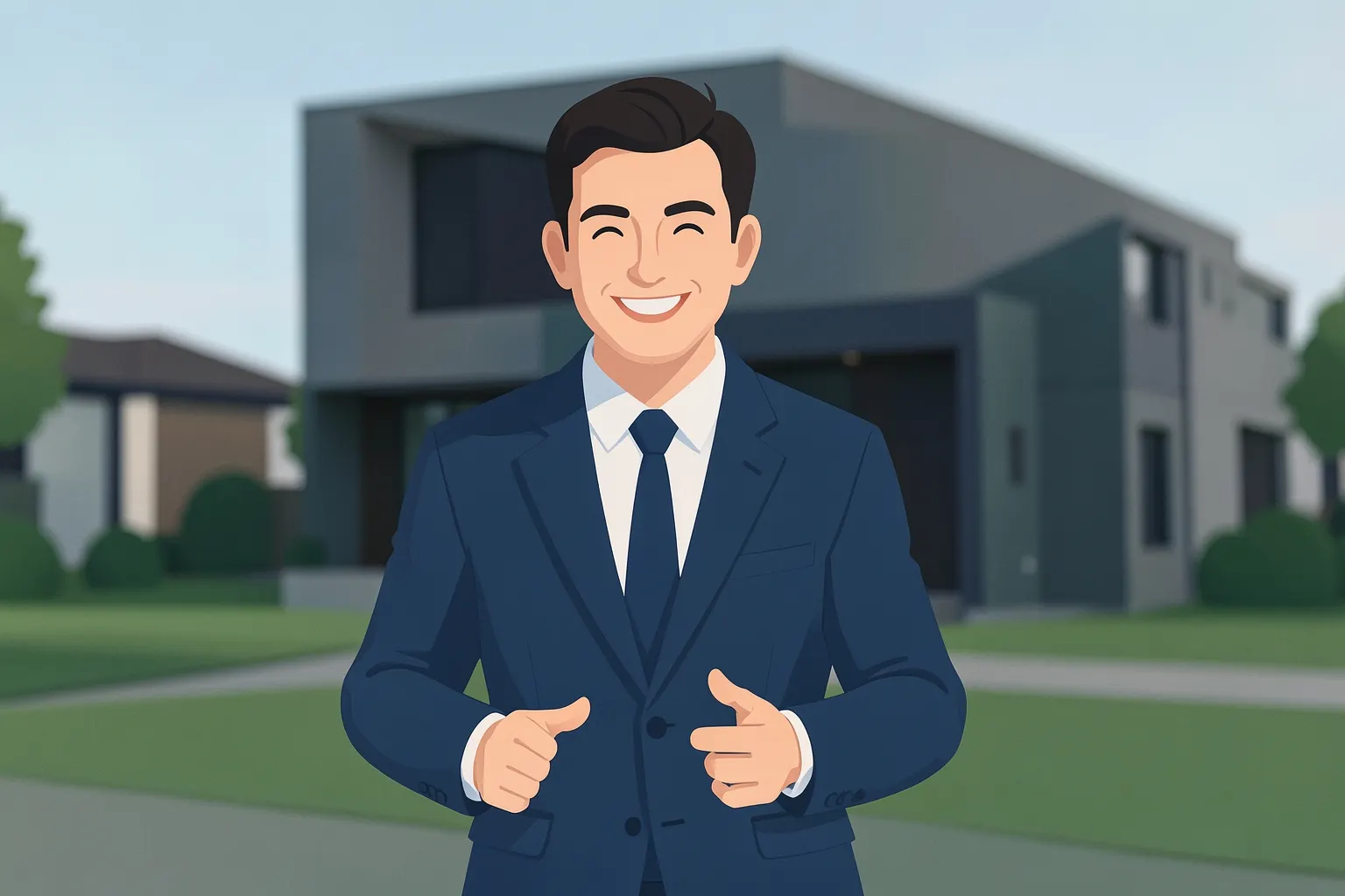 Um consultor imobiliário sorrindo e gesticulando em frente a uma casa moderna com um fundo desfocado de um bairro residencial.