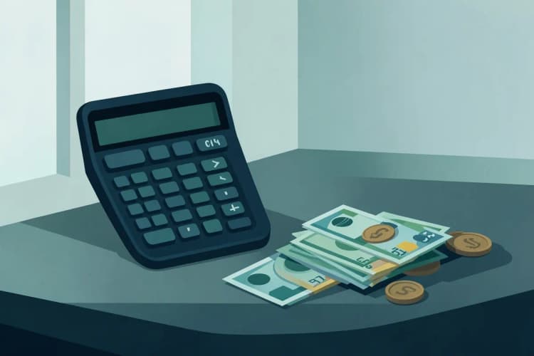 Uma calculadora ao lado de algumas notas de dinheiro e moedas sobre uma mesa.