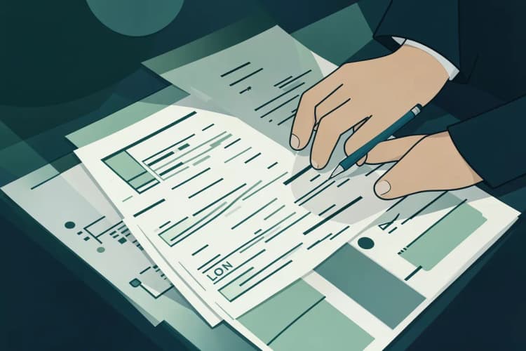Uma pessoa analisando diferentes opções de empréstimo em papéis sobre uma mesa.