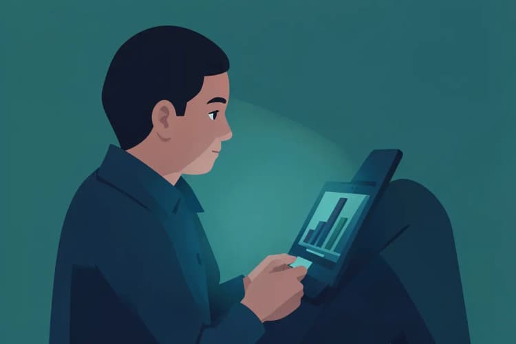 Uma pessoa pensativa olhando para um gráfico de barras em um tablet.