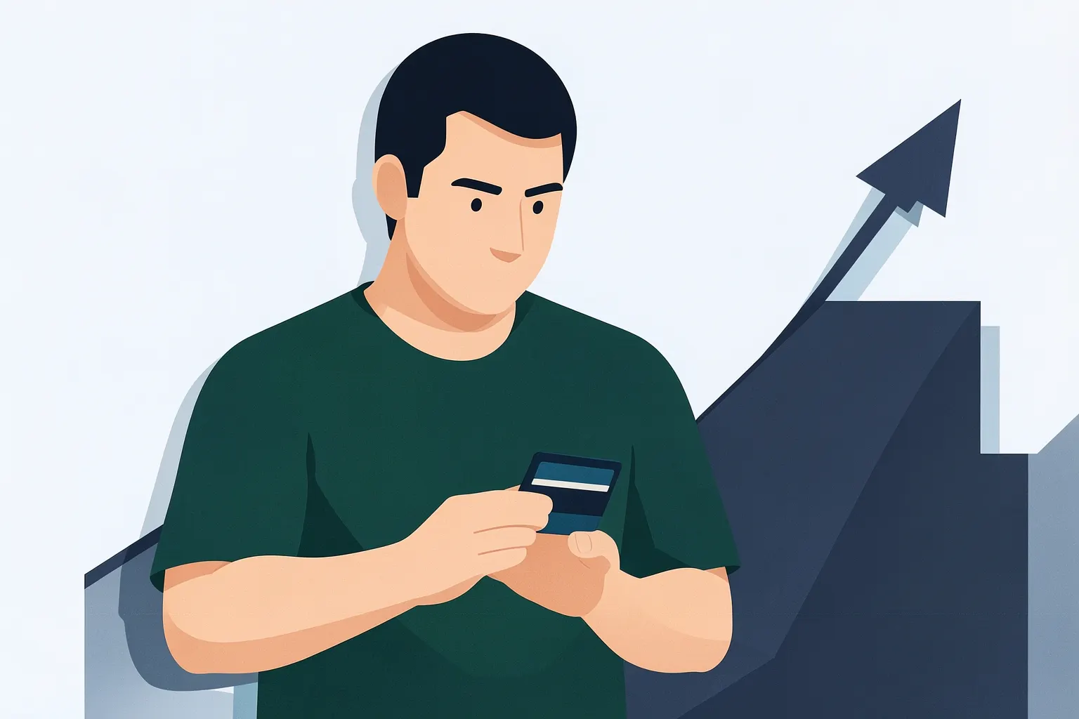 Um homem sorrindo e segurando um cartão de crédito com um gráfico de crescimento subindo ao fundo.