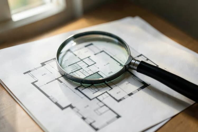 Planta baixa de um imóvel sendo analisada com uma lupa sobre os cômodos
