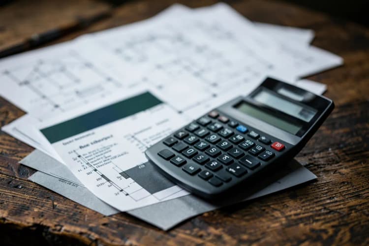 Documentos e uma calculadora sobre uma mesa com plantas de imóveis ao fundo