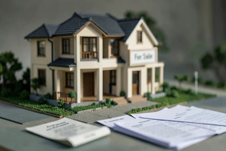 Uma casa com uma placa de "Vende-se" na frente e um corretor simulado analisando a documentação