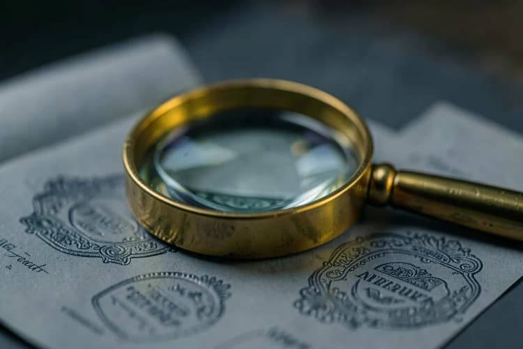 Uma lupa sobre um documento com selos de aprovação simulados