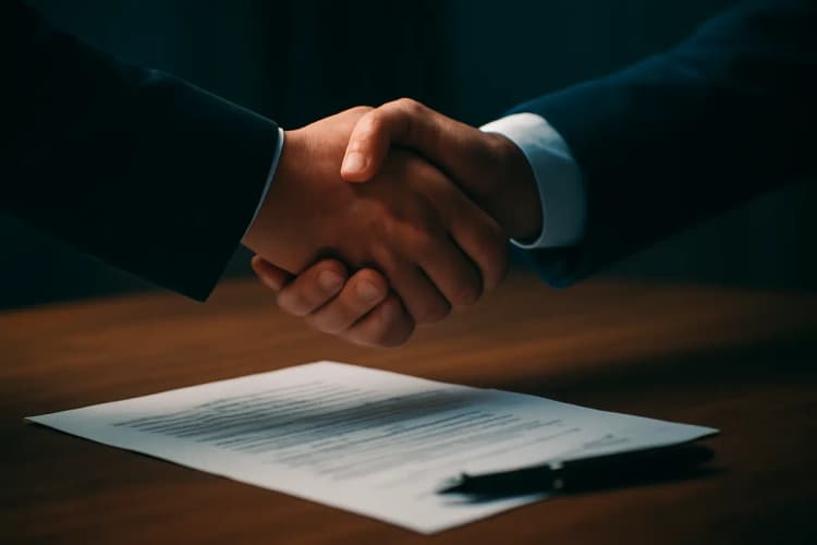 Uma pessoa simulando apertar a mão de outra sobre uma mesa com contratos