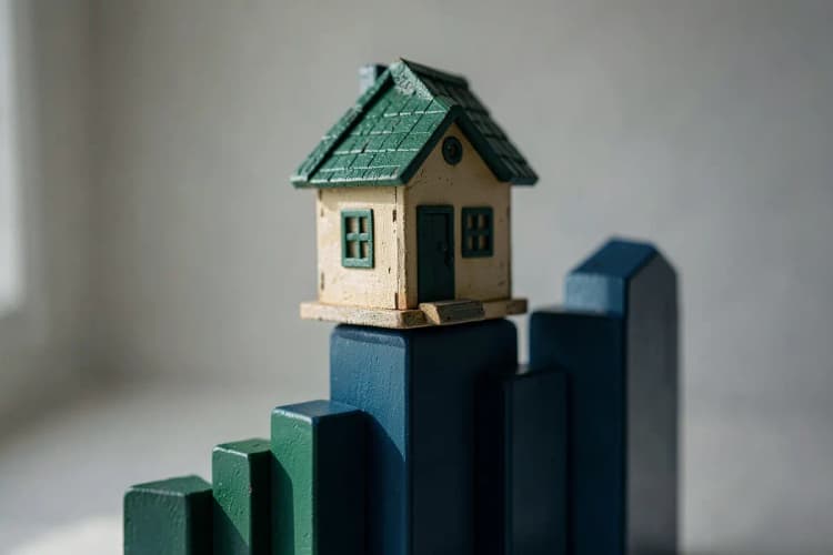 Uma casa de brinquedo em cima de um gráfico de barras crescente.