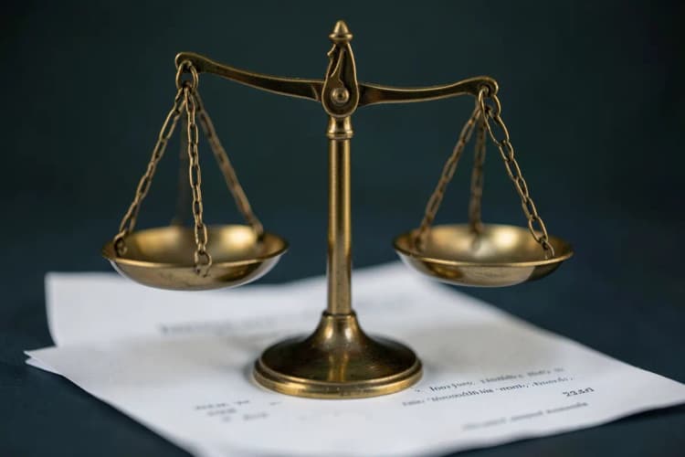 Uma balança de justiça em cima de um contrato.