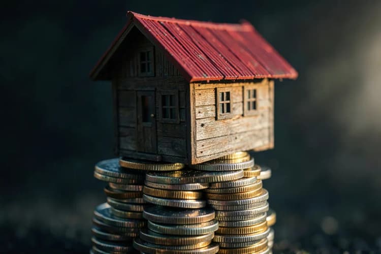 Uma casa de madeira com um telhado vermelho em cima de uma pilha de moedas.