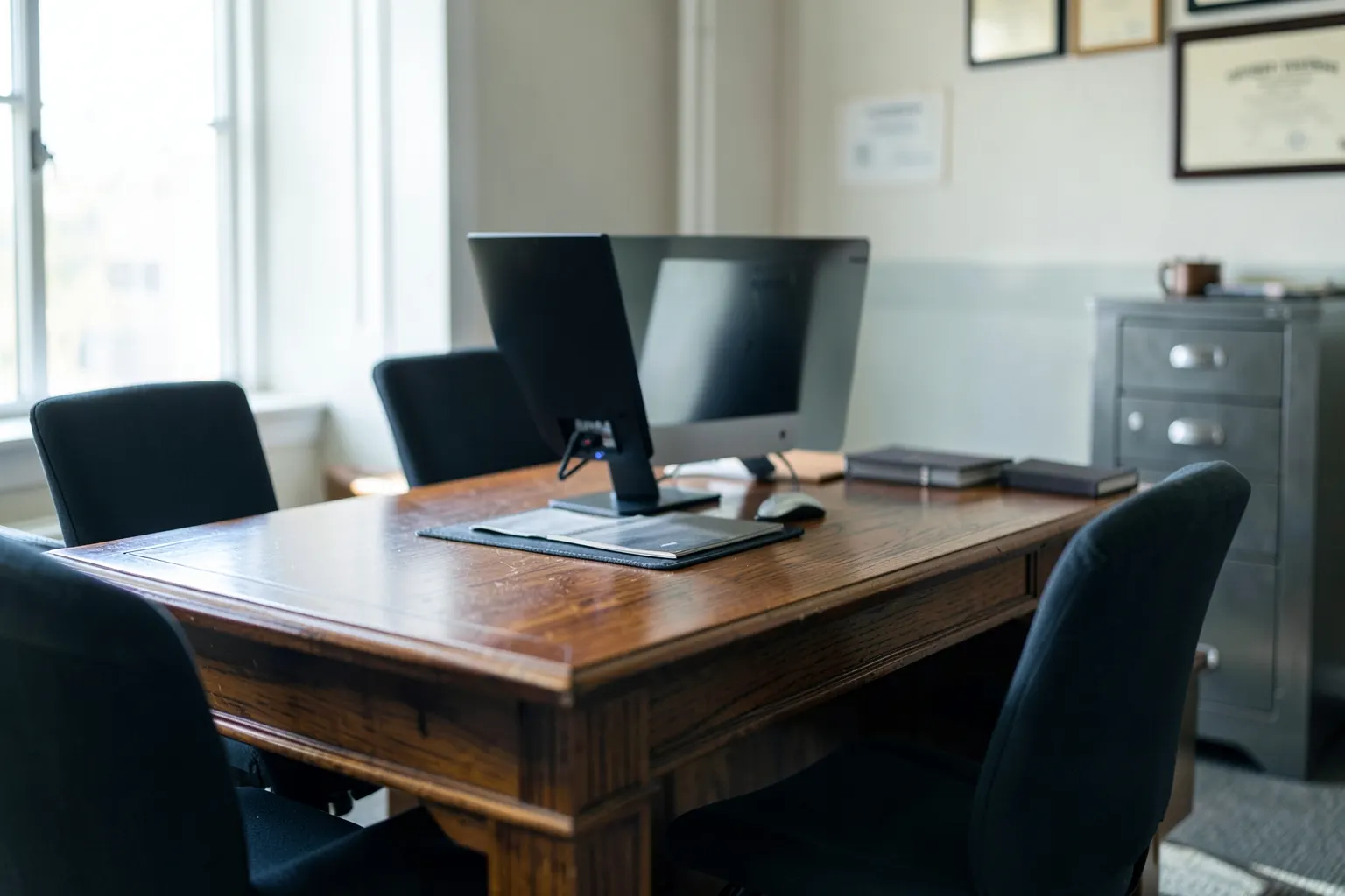 Um escritório de advocacia com uma mesa de madeira, cadeiras e um computador sobre a mesa.