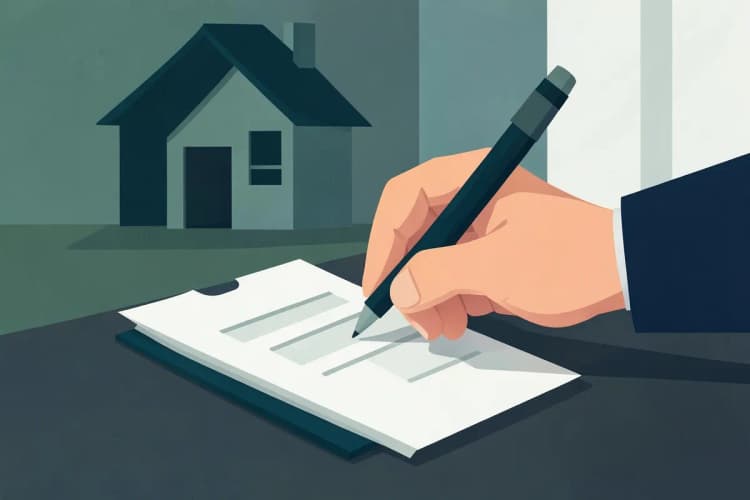 Uma pessoa assinando um contrato de financiamento imobiliário com uma caneta, com uma casa ao fundo.