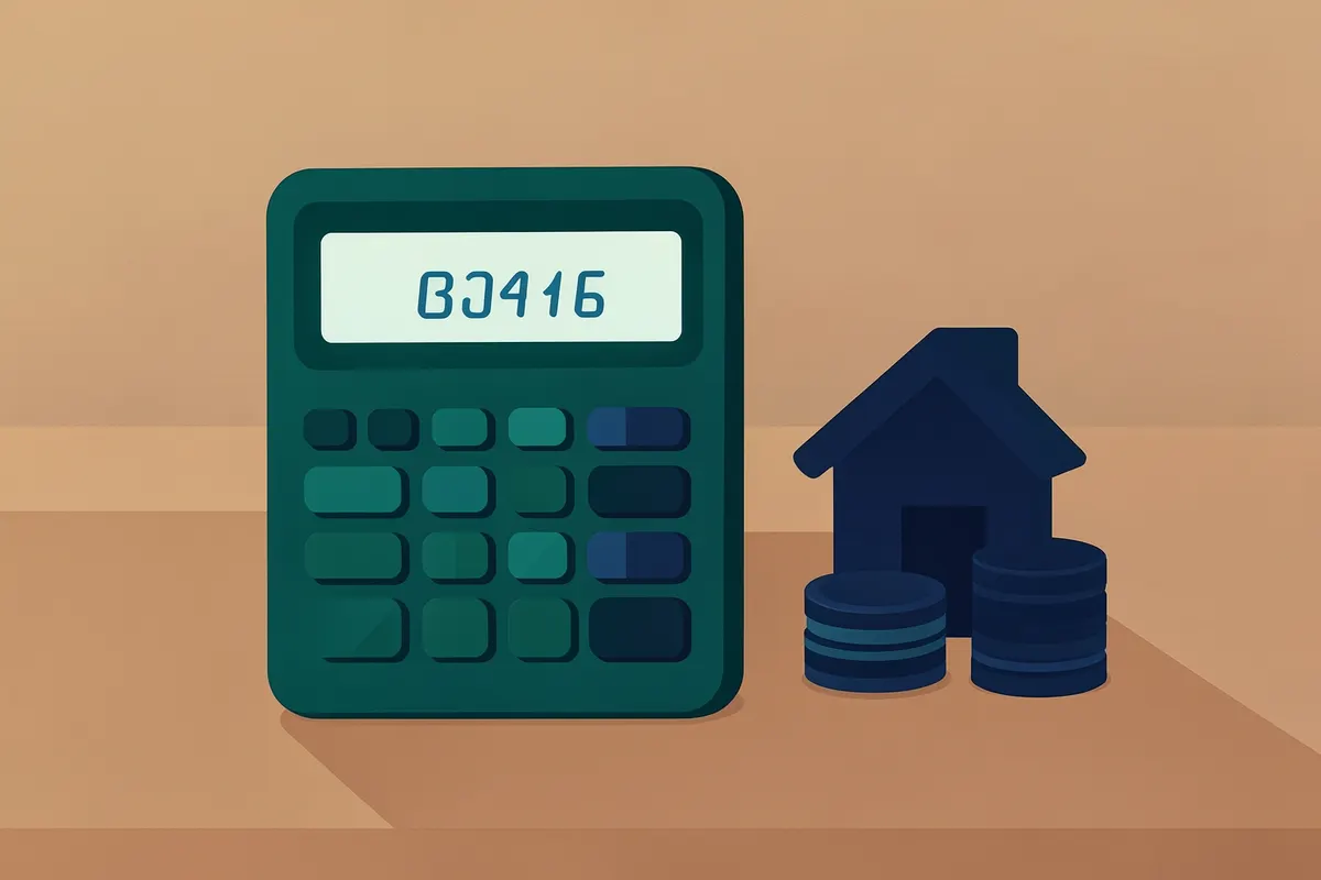 Uma calculadora mostrando o valor de uma parcela de financiamento imobiliário, com uma casa e moedas ao lado.