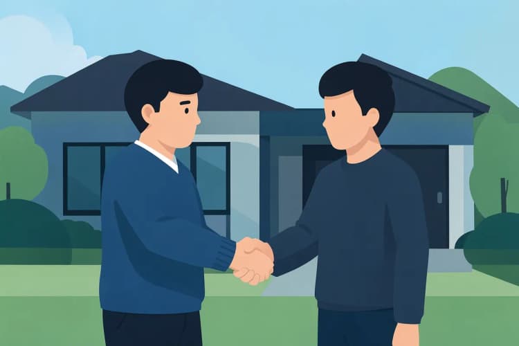 Duas pessoas apertando as mãos em frente a uma casa, plano médio, luz do dia, dia.