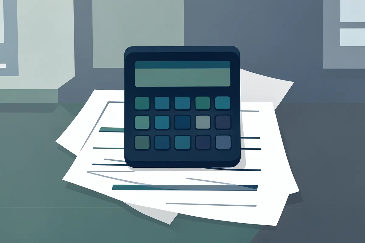 Calculadora sobre um contrato de financiamento imobiliário, close-up, luz de escritório, dia.